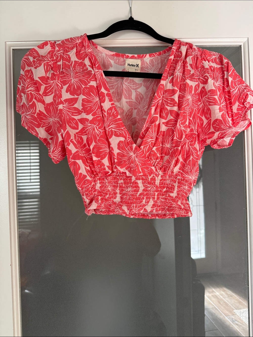Hurley Coral-Pink Floral V-Neck Smocked Crop Top